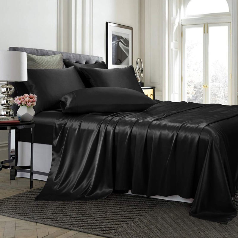 TREELY 6 Piece King Size Satin Sheet Set - Black Satin Sheet Set with Deep Pocket, Fitted Sheet, Flat Sheet, 4 Pillowcases - Image 2